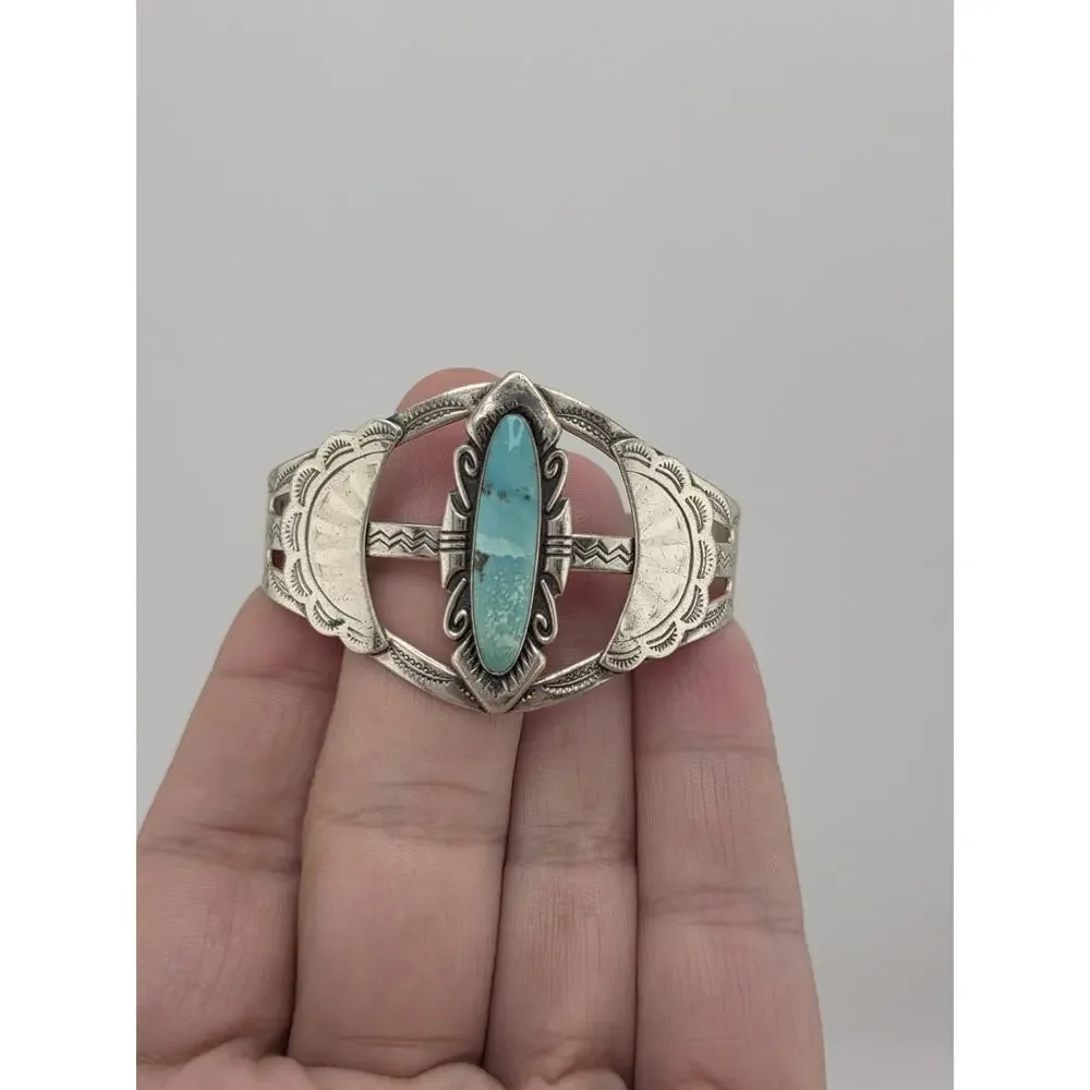 Vintage Singed BELL TRADING POST Sterling Silver Turquoise Cuff - Picture 7 of 15